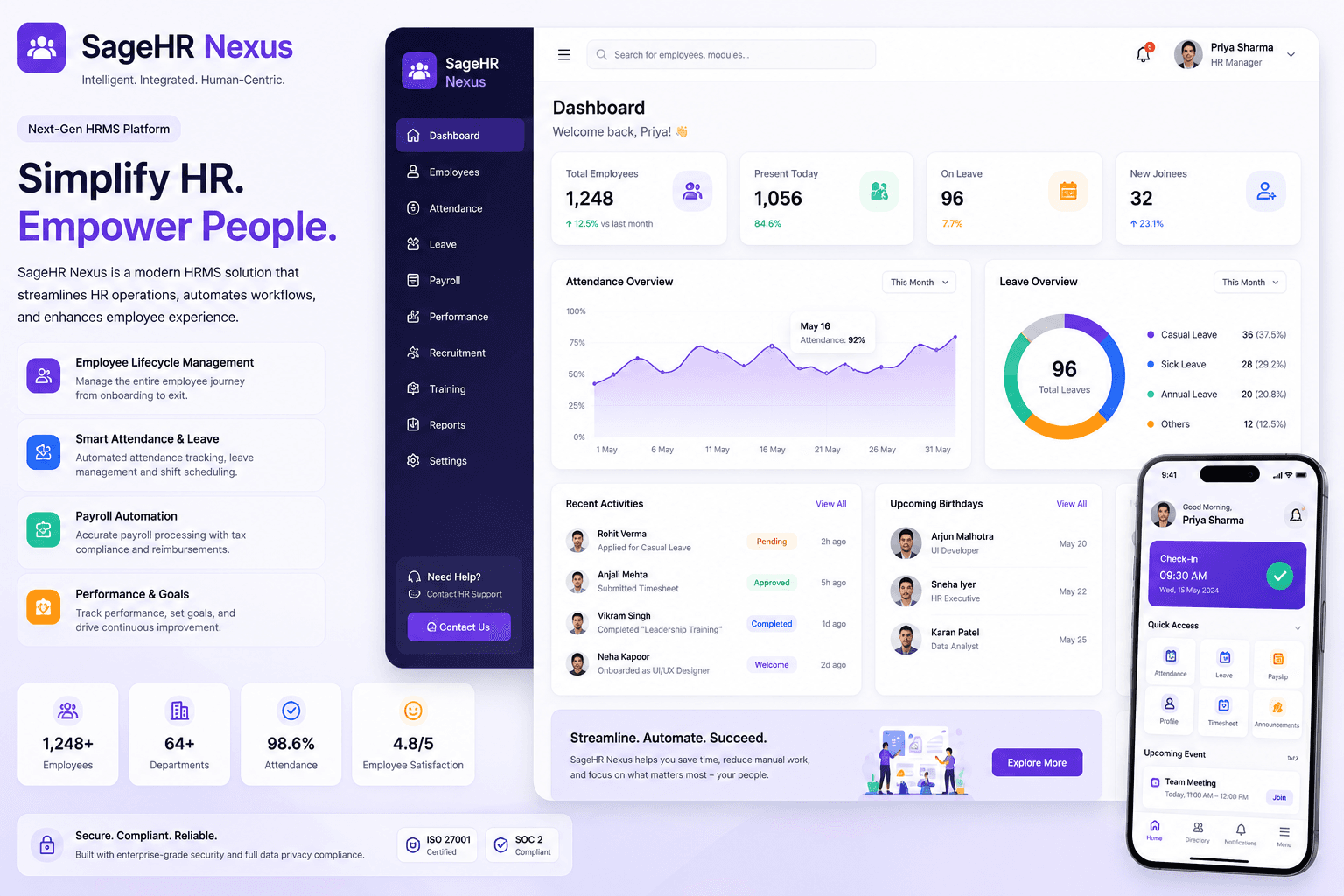 SageHR Nexus HRMS Platform Dashboard